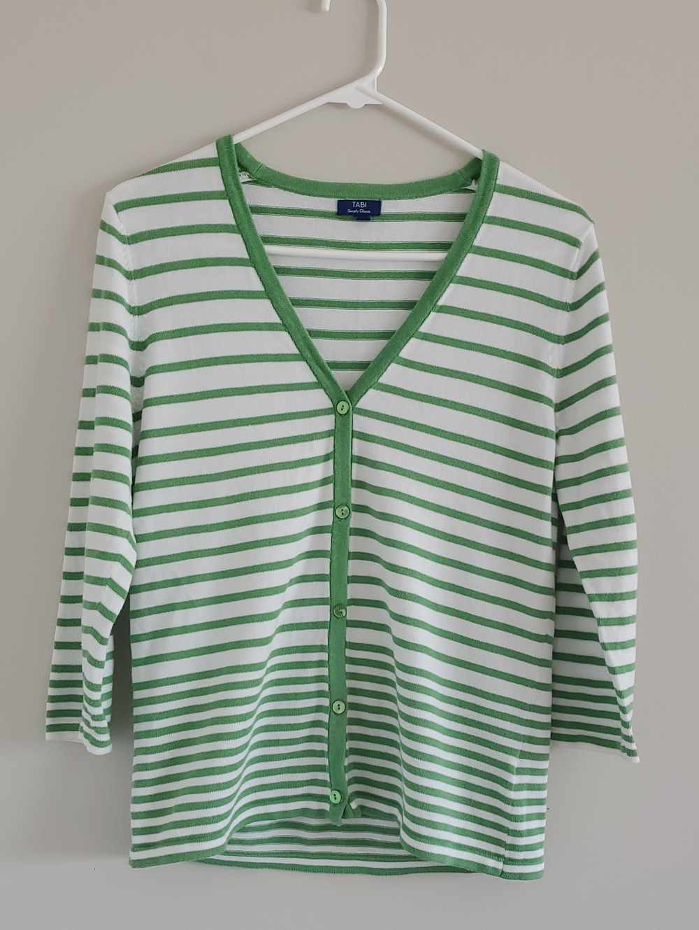 Tabi White and Green Striped V‑Neck Button 3/4 Sleeve Cardigan S Career Office